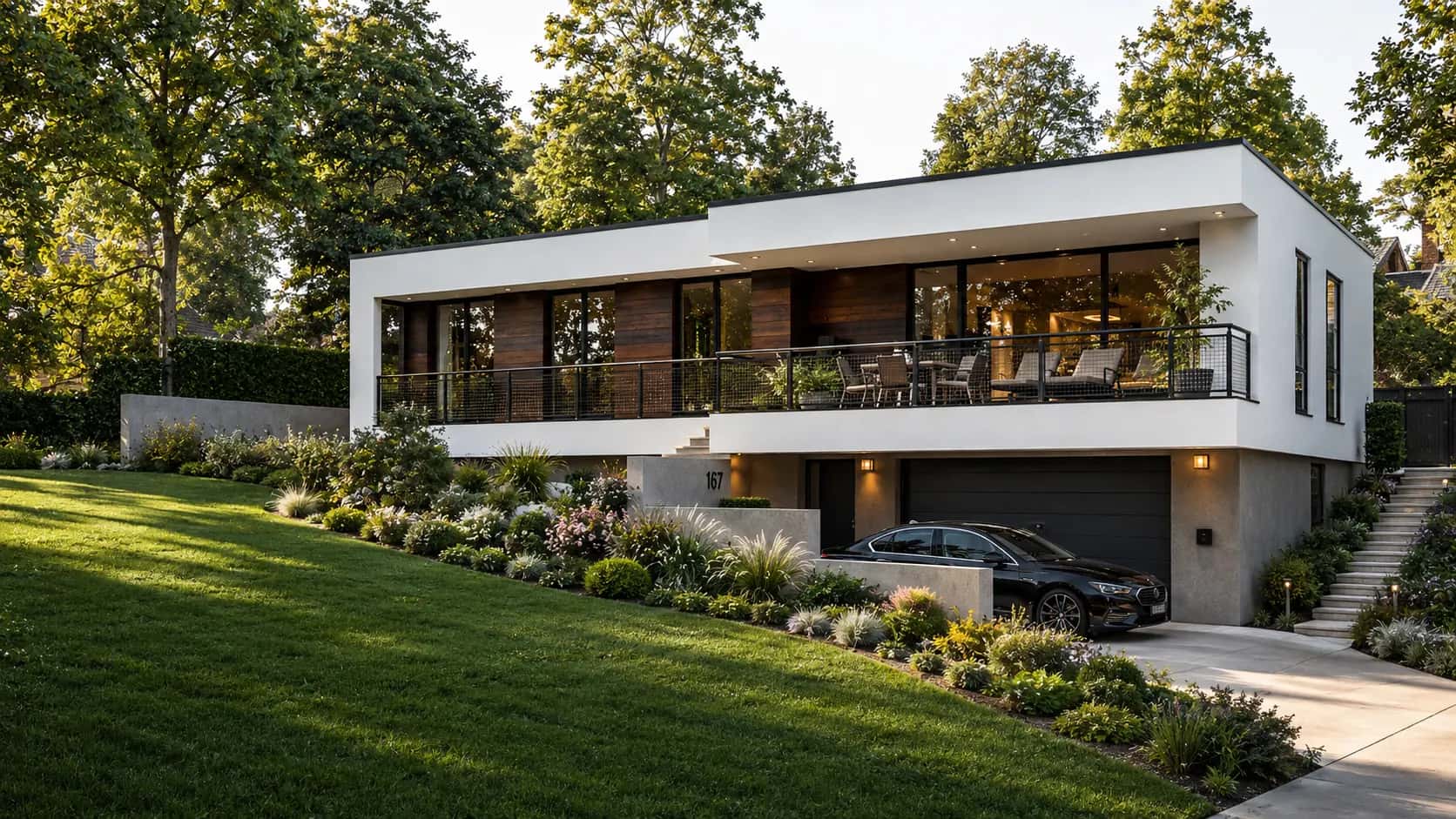 Modern white residence set into a landscaped sloping property