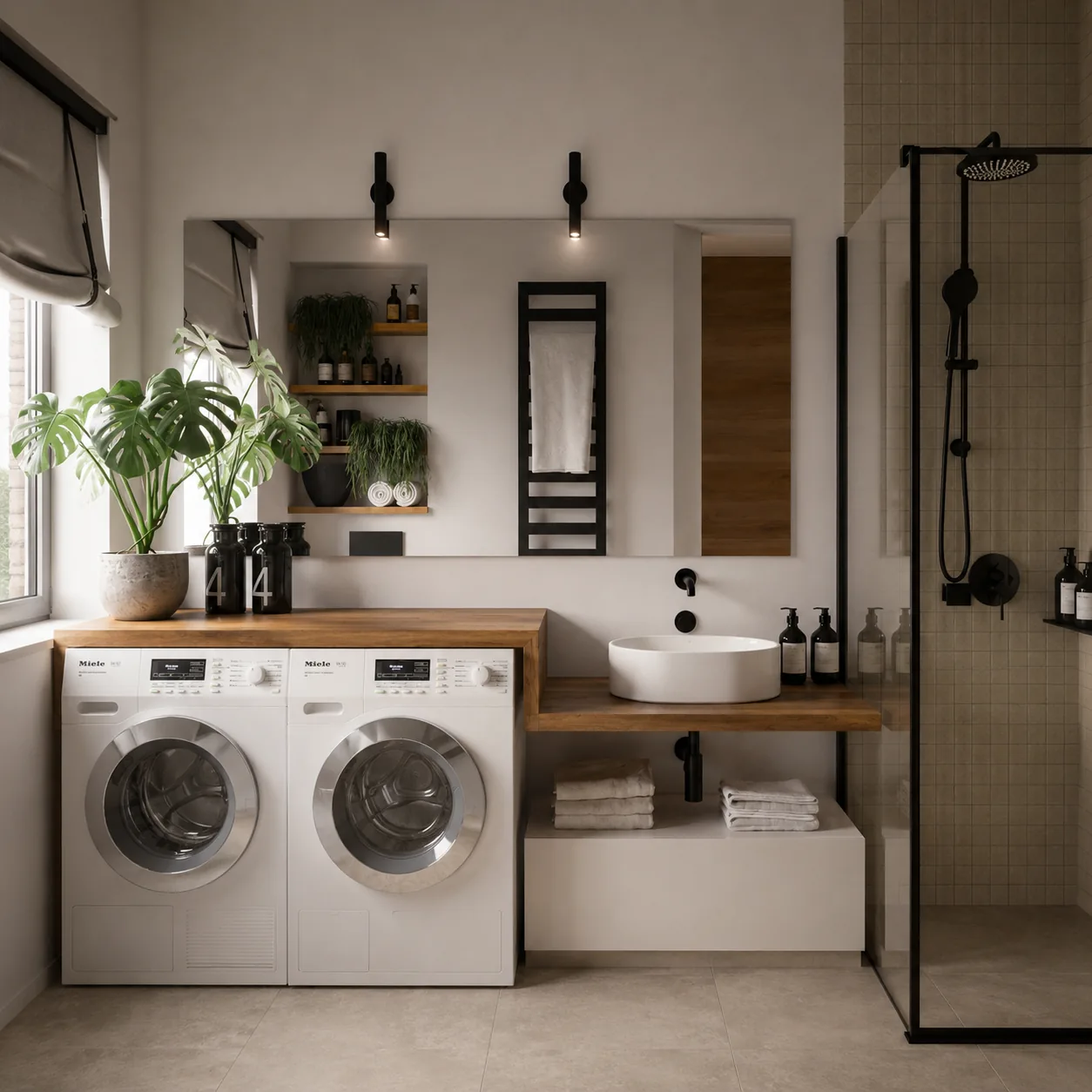 Compact bathroom and laundry design with a glass shower and double vanity