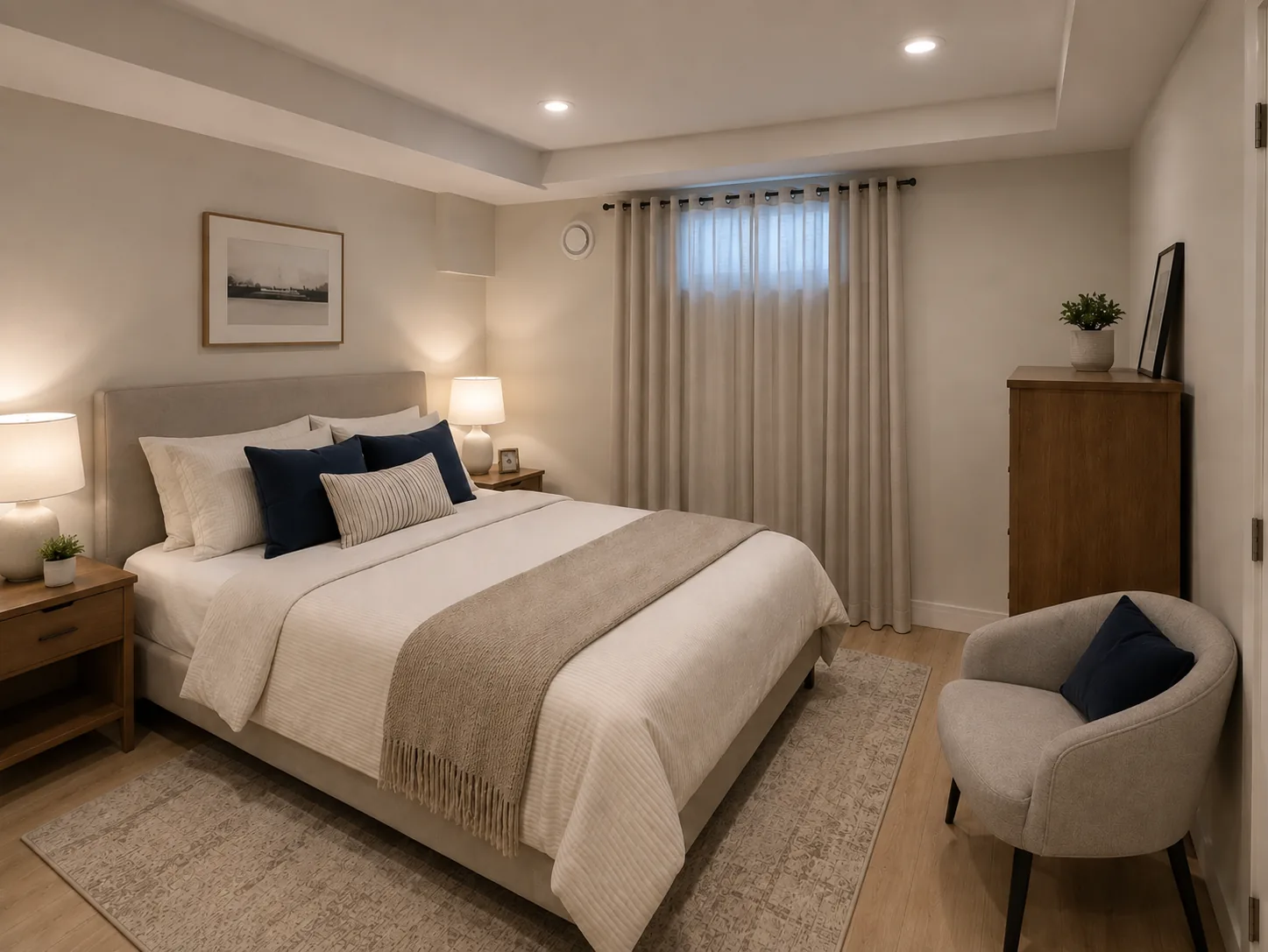 Basement bedroom design with an egress-style window and neutral finishes