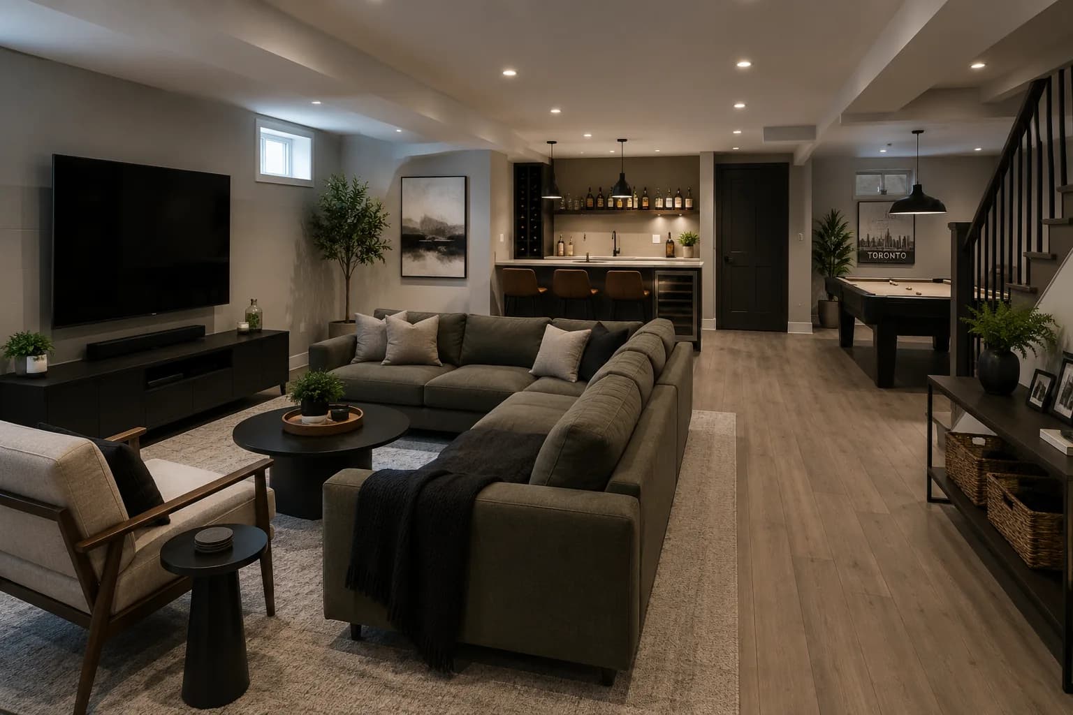 Basement entertainment space with lounge seating, television wall, and wet bar