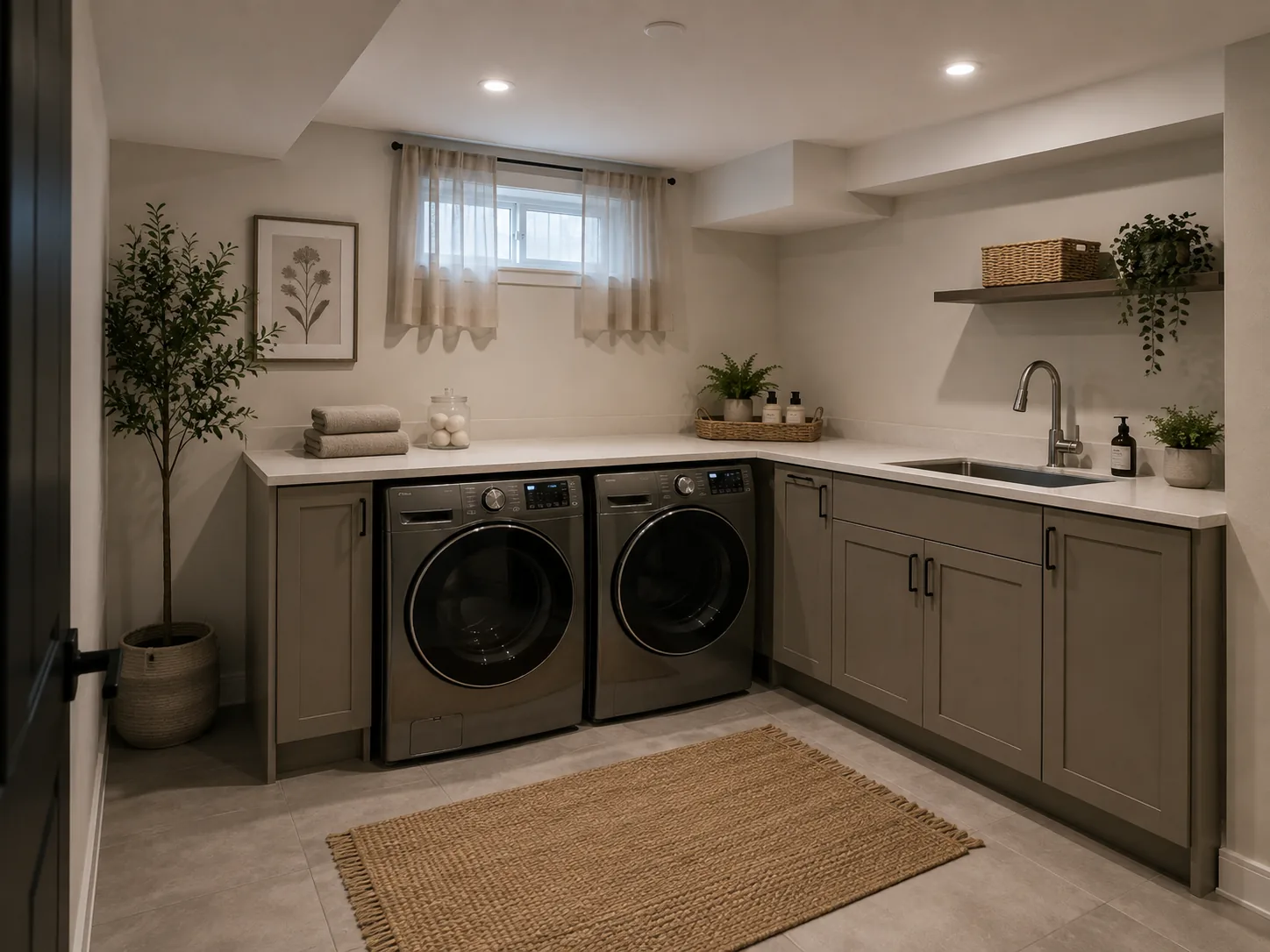 Laundry room design with side-by-side appliances, cabinetry, and a utility sink