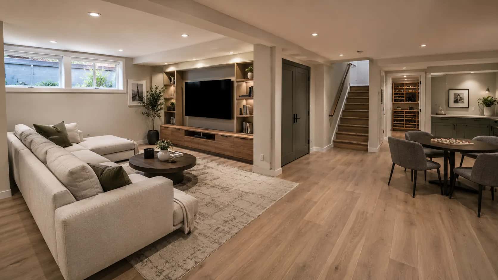 Finished basement living space with lounge seating, television wall, staircase, and activity area