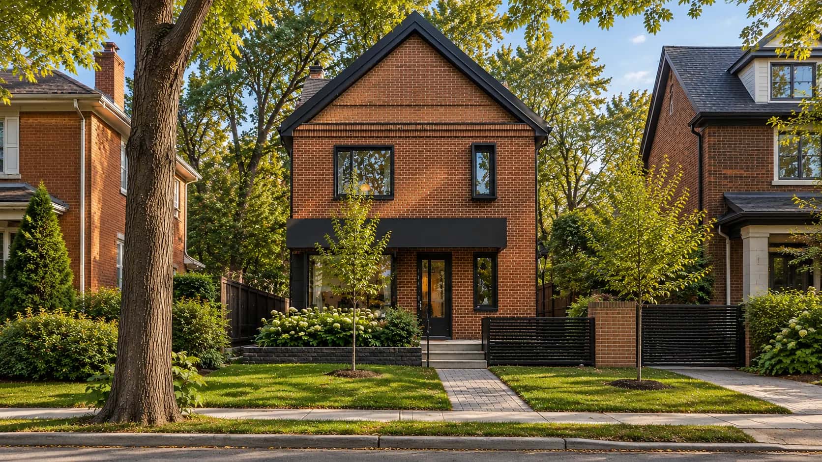 Detached brick home with a landscaped front yard and mature trees