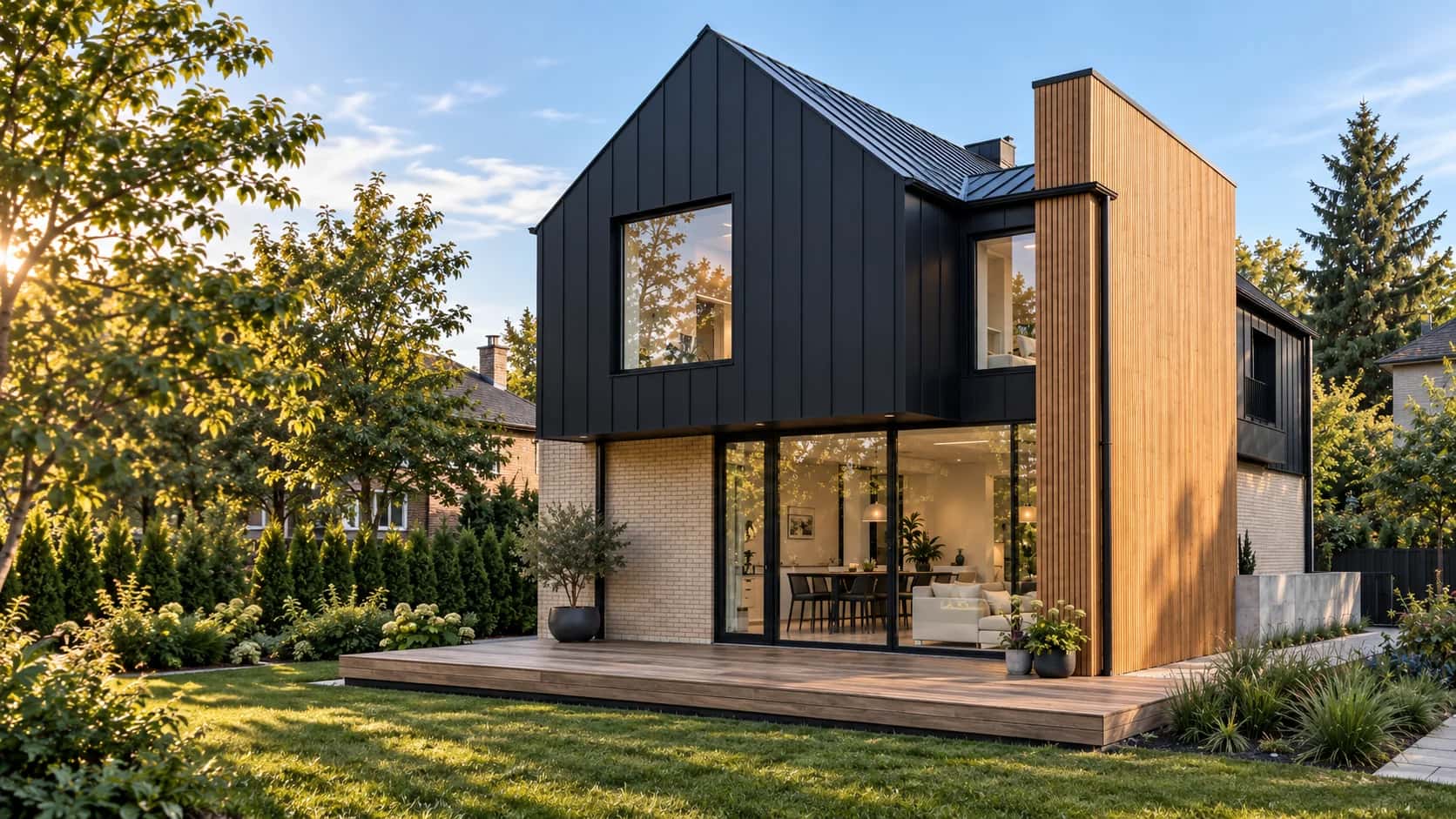 Residential design inspiration with dark metal cladding, warm wood accents and a landscaped garden