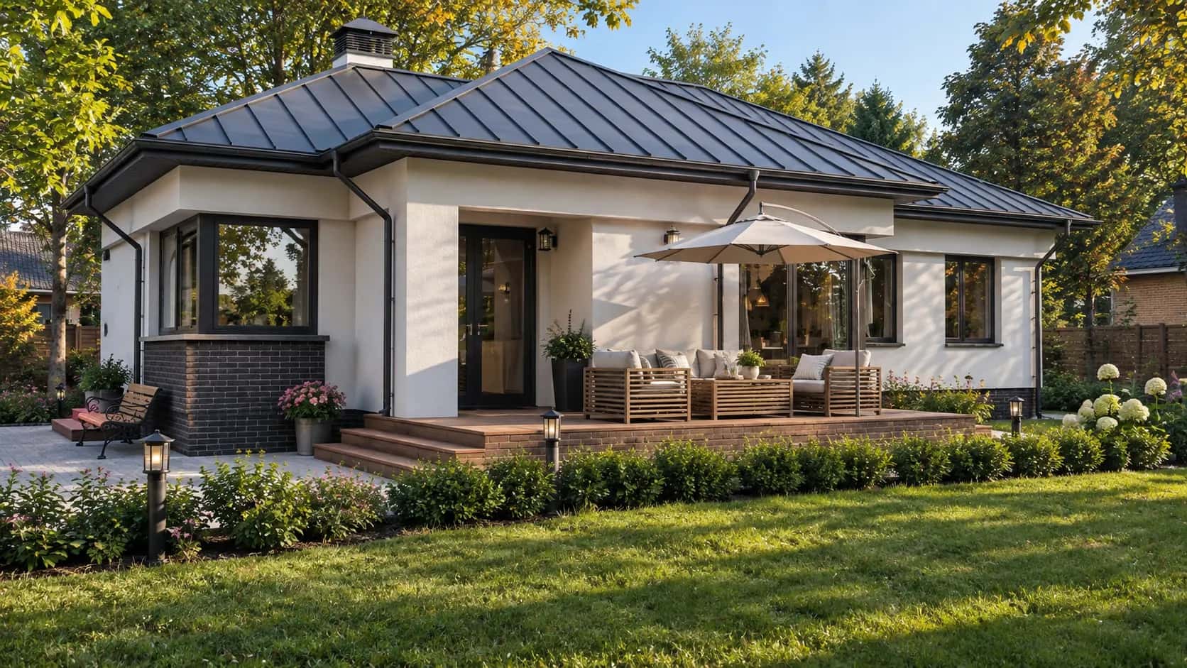 Single-storey home with a metal roof and landscaped garden