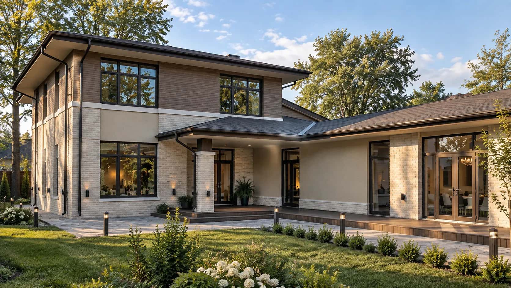 Two-storey residence with connected living areas and landscaped grounds