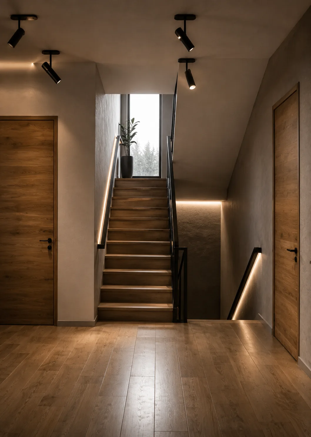 Wood staircase design with integrated wall lighting and black handrails
