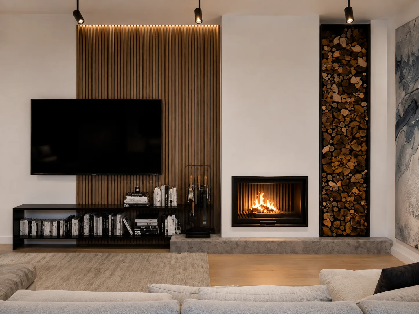 Living room design with a linear fireplace, wood feature wall, and built-in storage