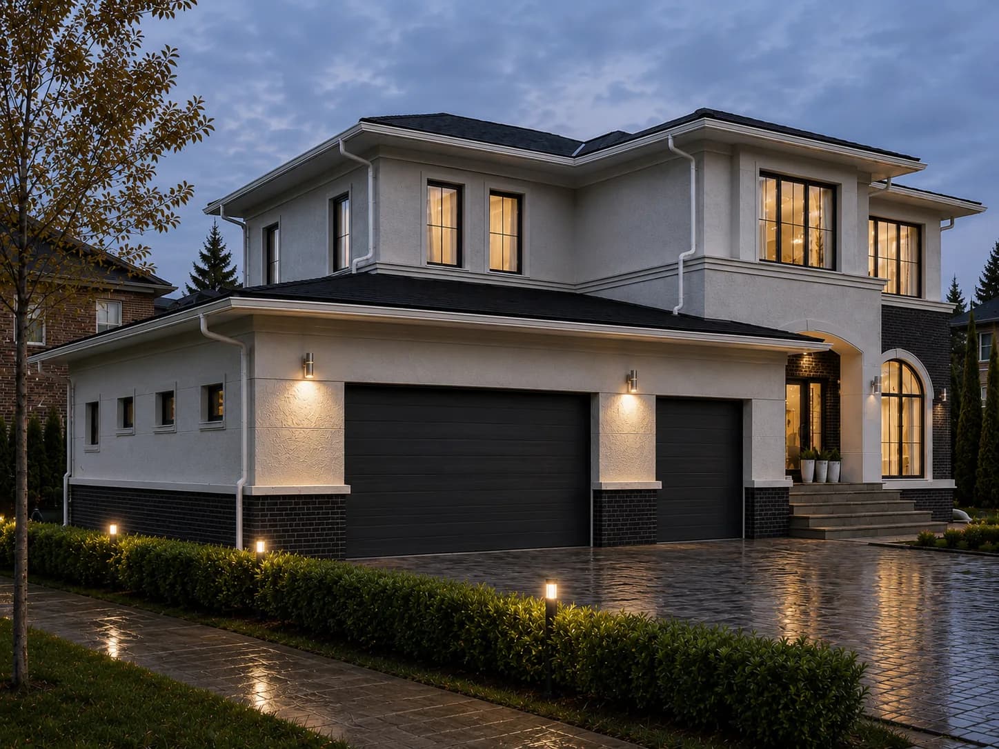 Design of a two-storey home with a covered entrance and warm exterior lighting