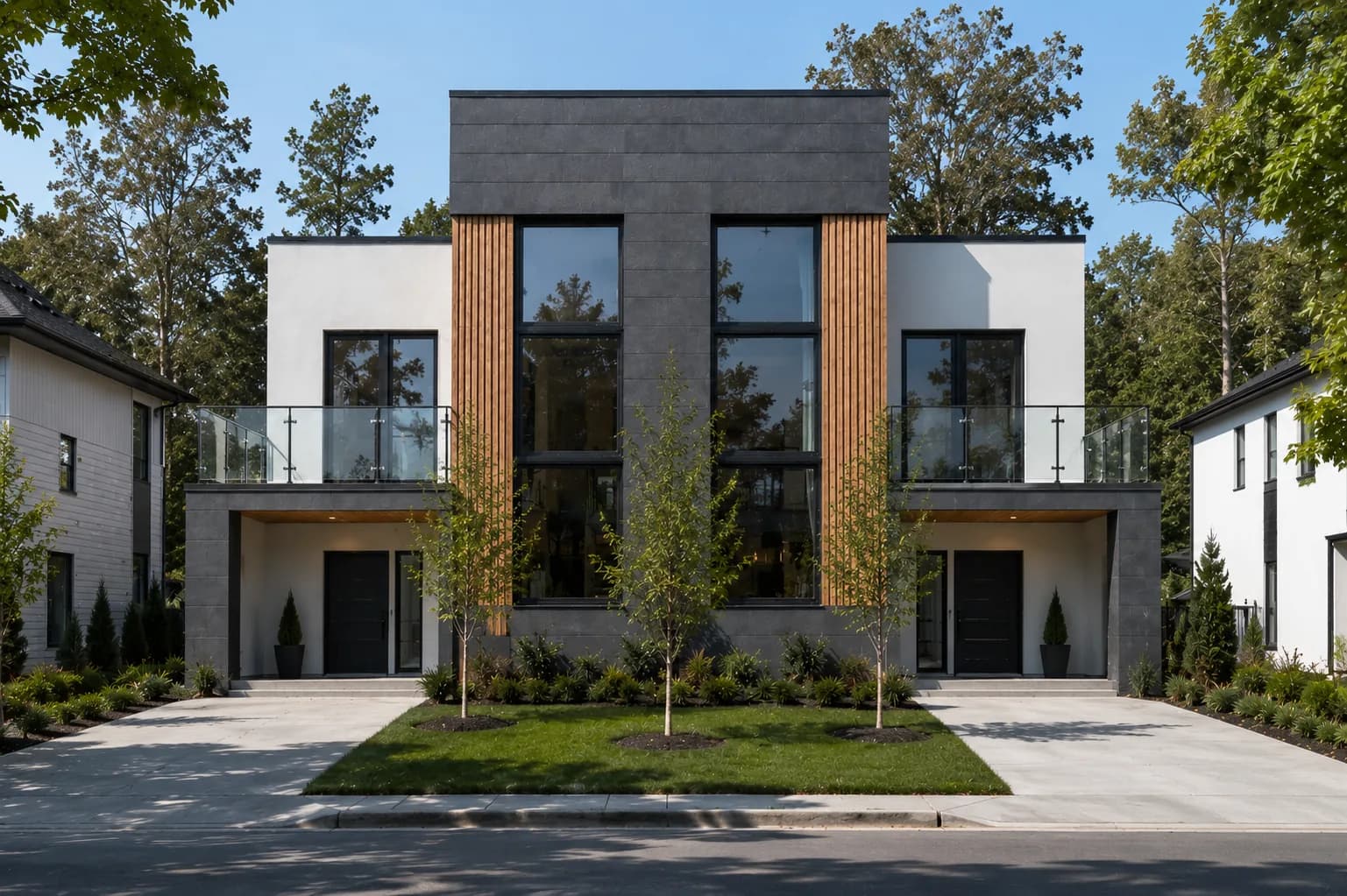 Design for a symmetrical modern duplex with two recessed entrances
