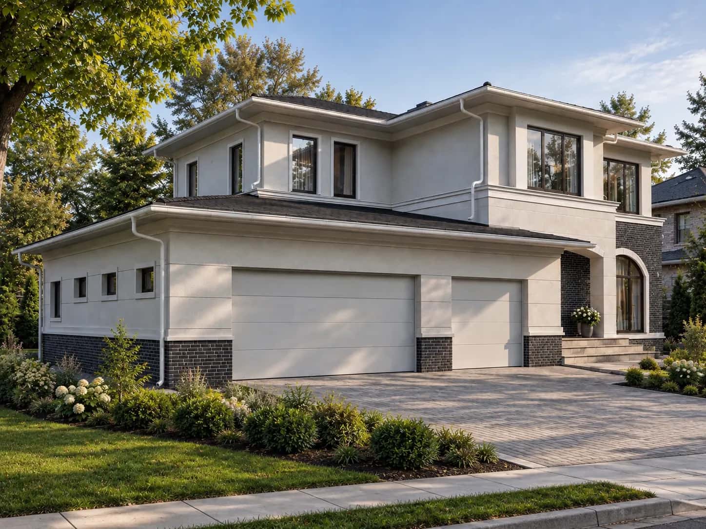 Contemporary two-storey home with broad rooflines and landscaped frontage