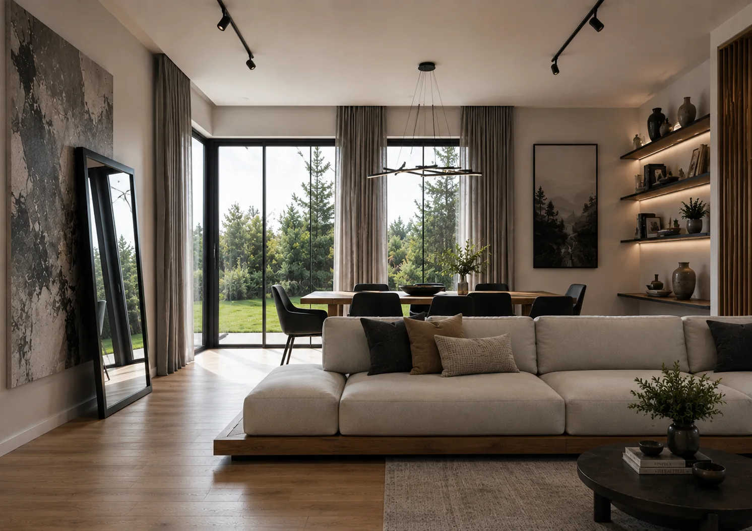 Open living and dining room design with large windows and warm wood details