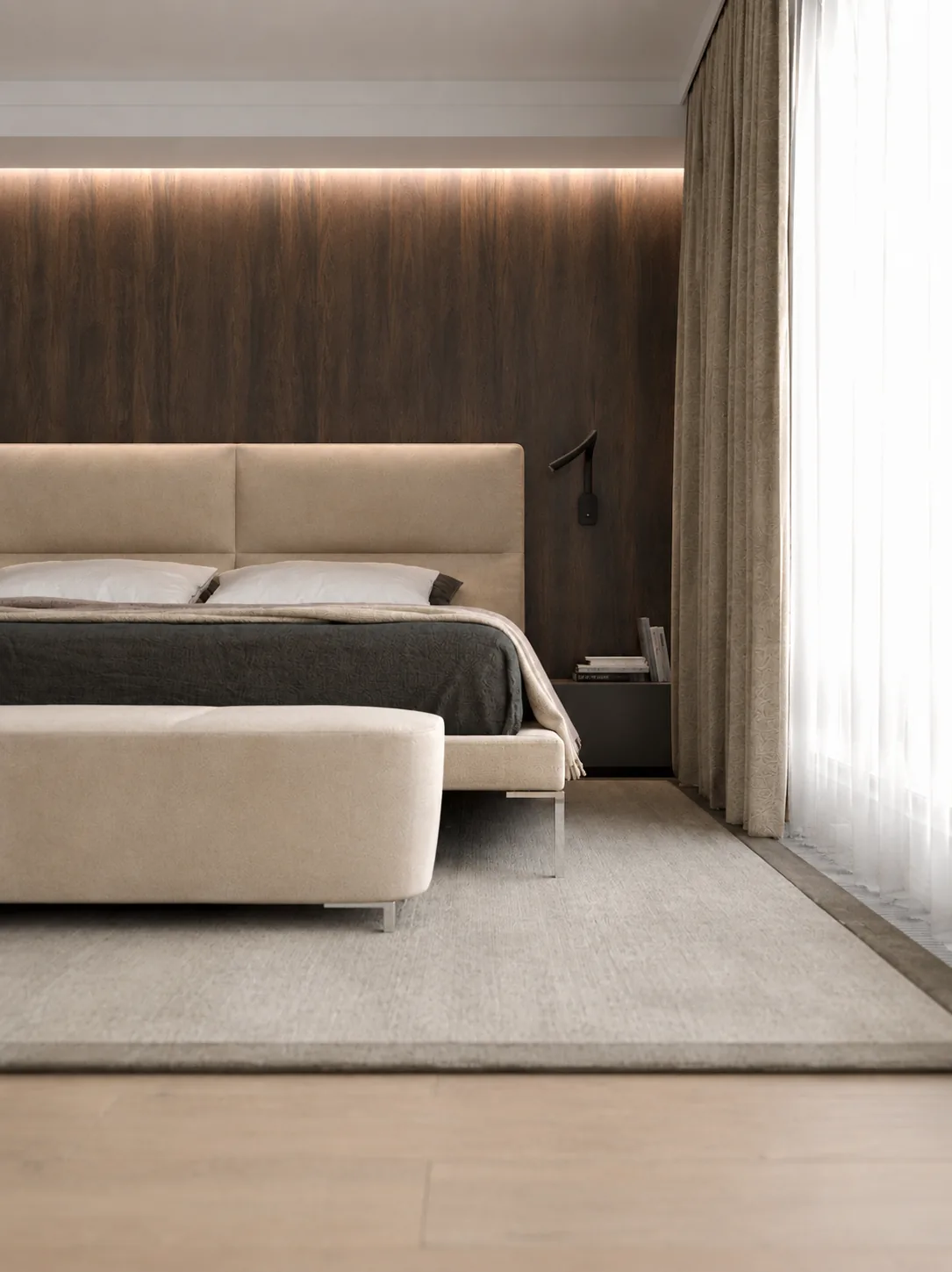 Primary bedroom design with a wood feature wall and upholstered bed