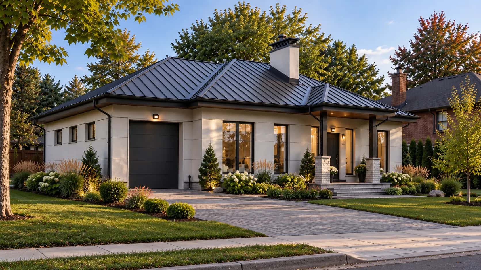 Single-storey residence with a metal roof and landscaped front approach