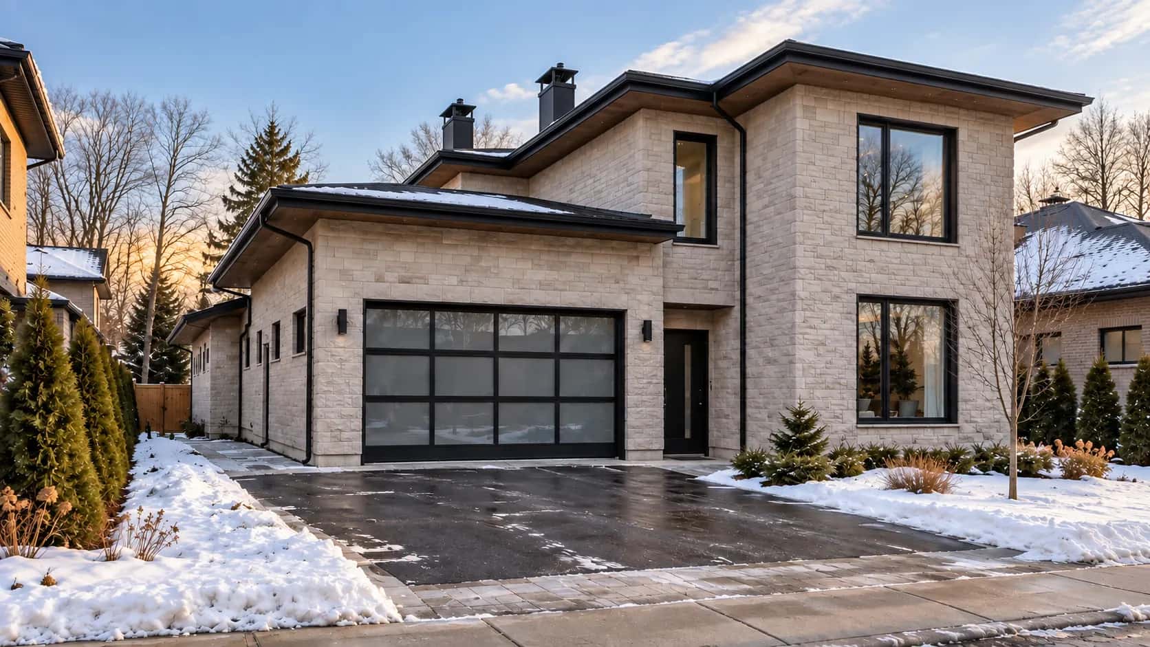 Stone-clad two-storey home in a winter residential setting