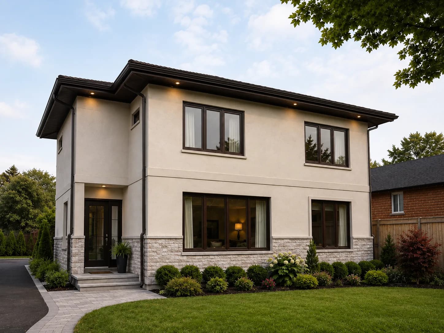 Two-storey stucco home with a low-pitched roof and landscaped front yard